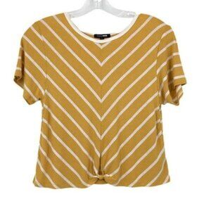 Fashion Nova Cropped Knit Top Mustard Yellow & White Stripe Knot Front Size L